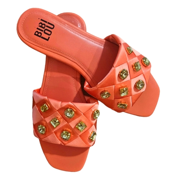 BIBI LOU x Anthropologie satin woven embellished Square toe Orange Sandals - Picture 4 of 16